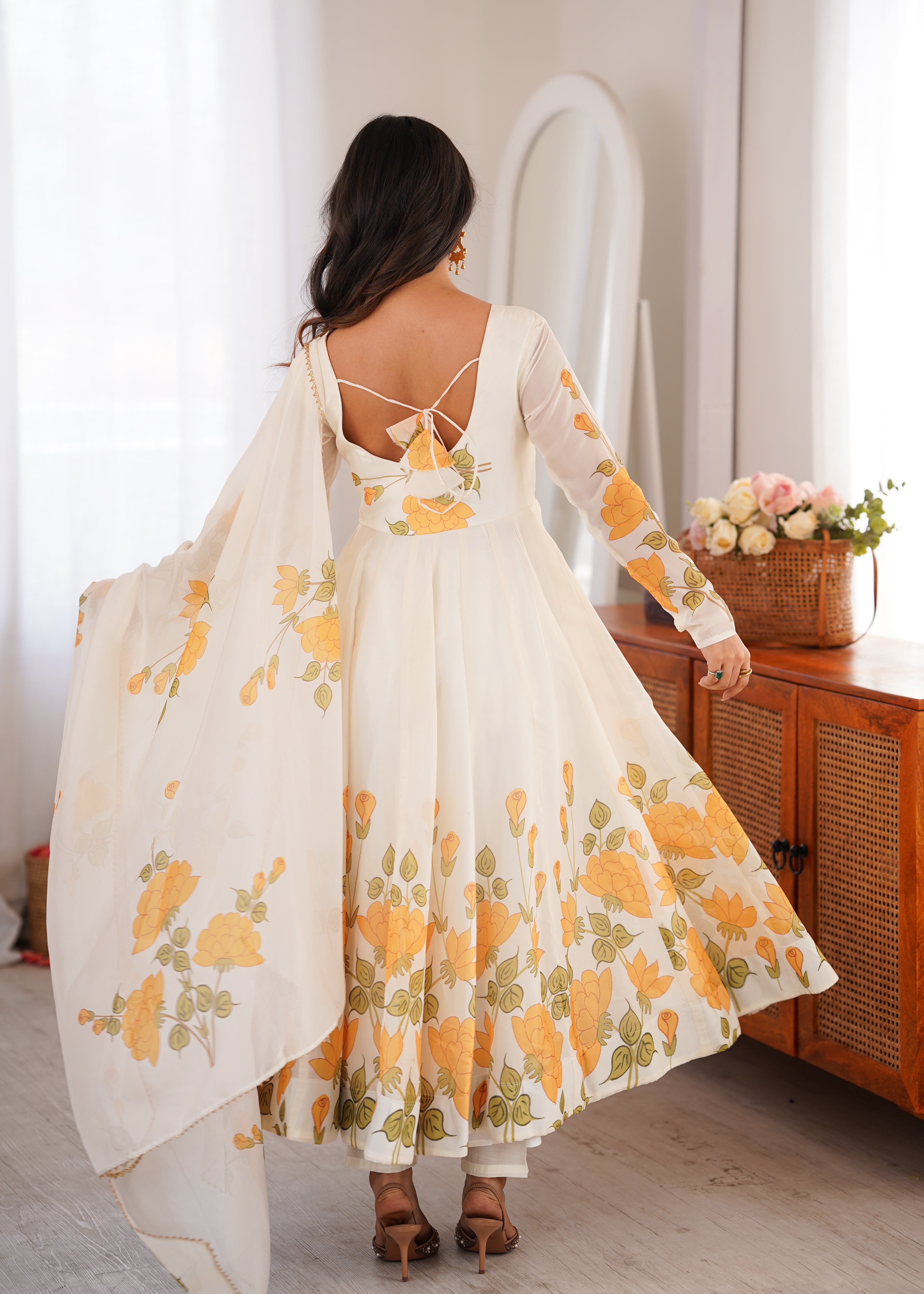 Designer fully flared kali pattern Anarkali suit for haldi and mehendi
