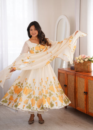 Ivory and yellow floral Anarkali suit pure soft organza silk with canvas patta print
