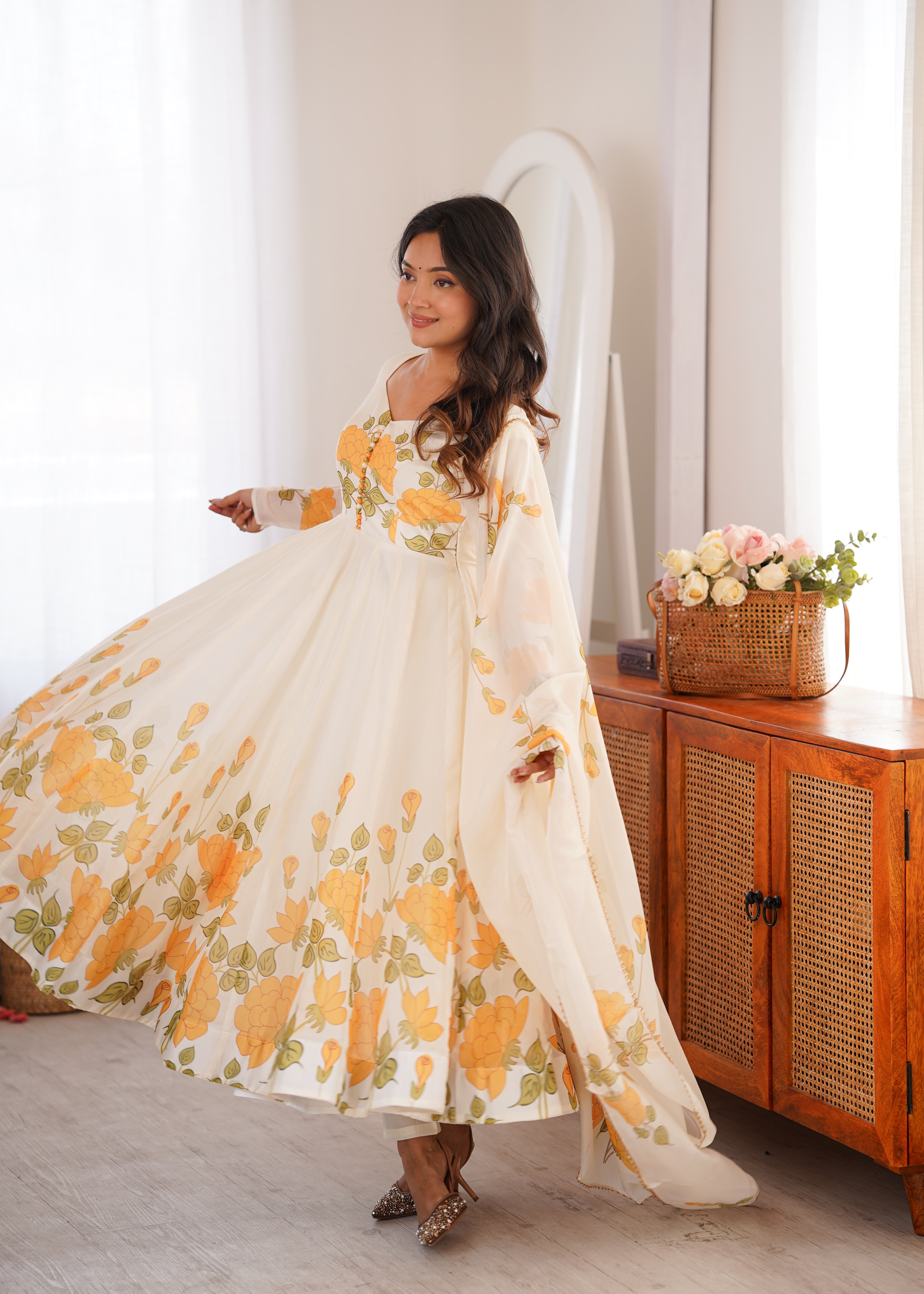 Pure organza silk Anarkali with floral print pants and dupatta set
