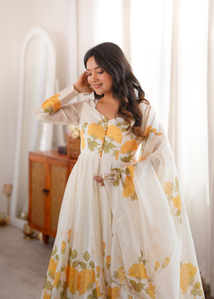 Ivory Anarkali kurta with hand-painted style yellow rose floral artwork
