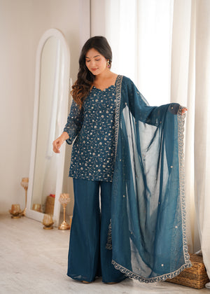 Blue floral embroidery kurti sharara dupatta set
