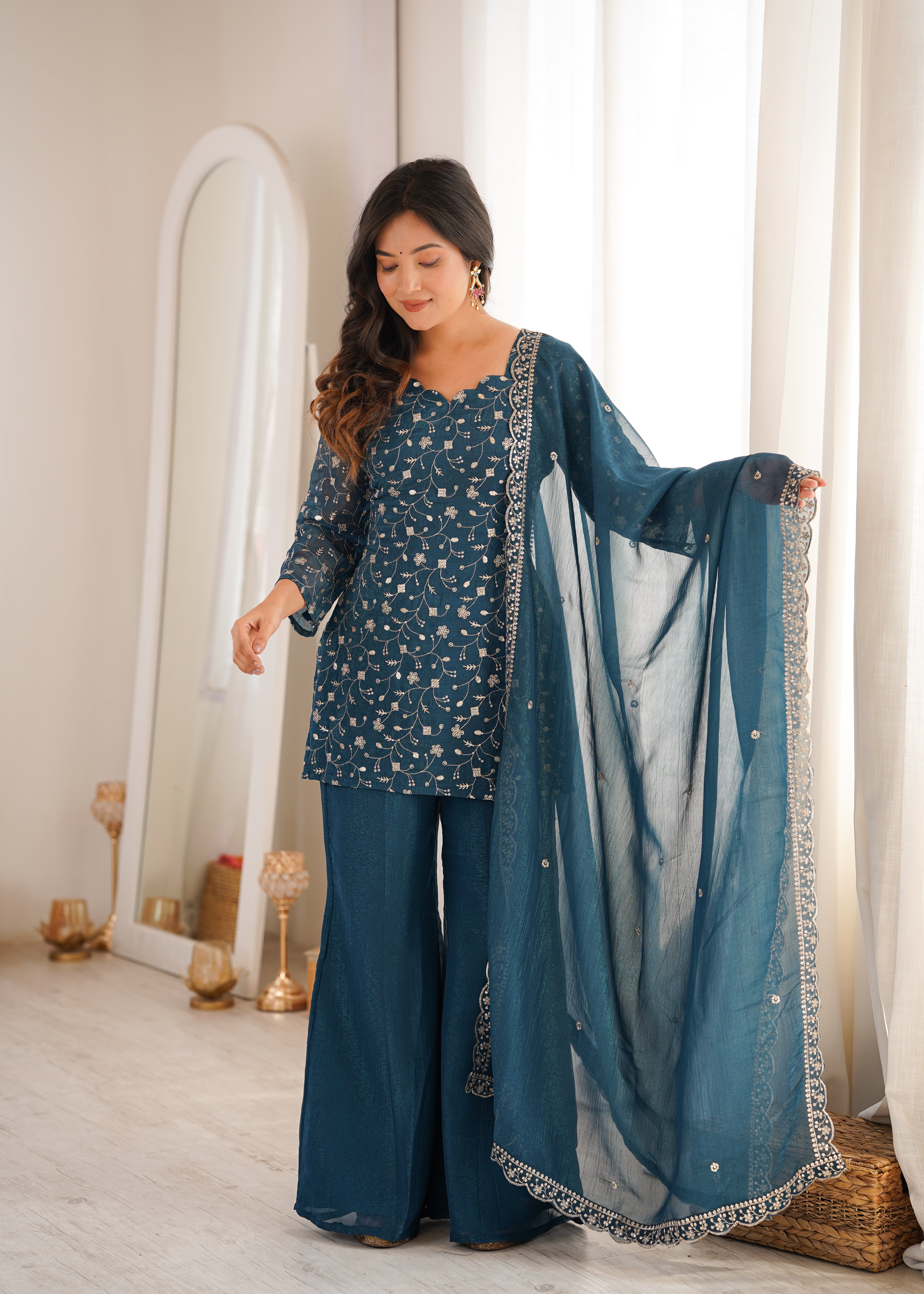 Blue floral embroidery kurti sharara dupatta set
