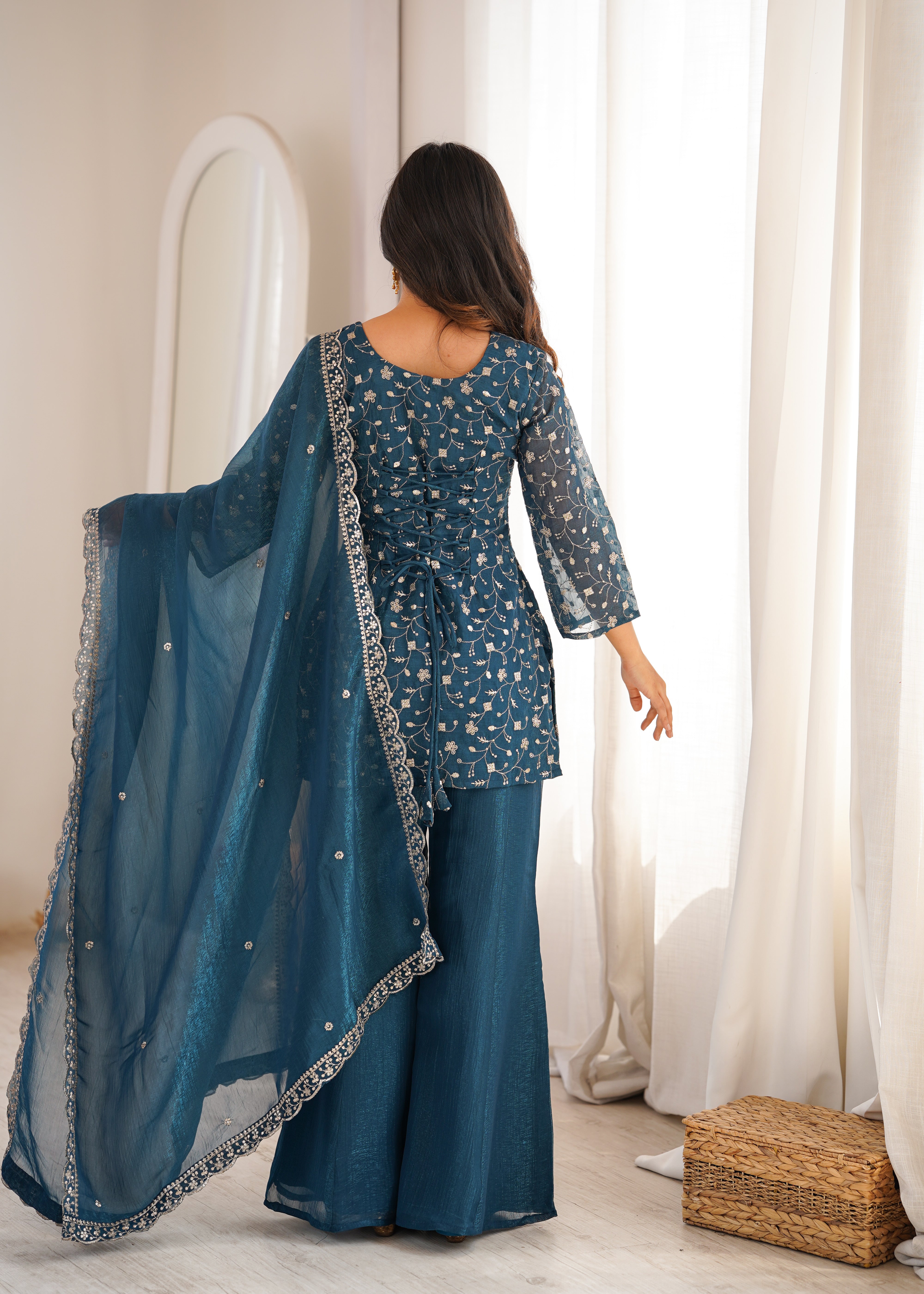 Designer teal sharara suit with chiffon dupatta
