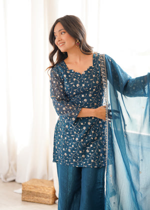 Peacock blue embroidered kurti with flared sharara pants
