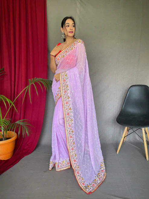 Georgette Sequins Designer Embroidered Saree Lavender