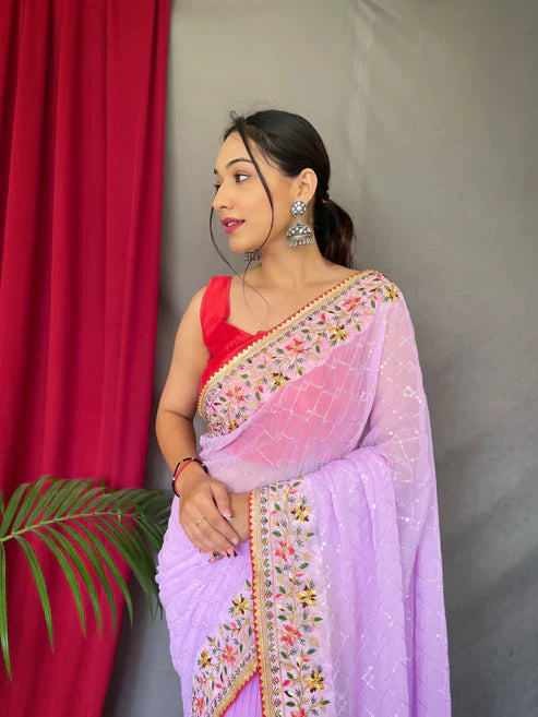 Georgette Sequins Designer Embroidered Saree Lavender