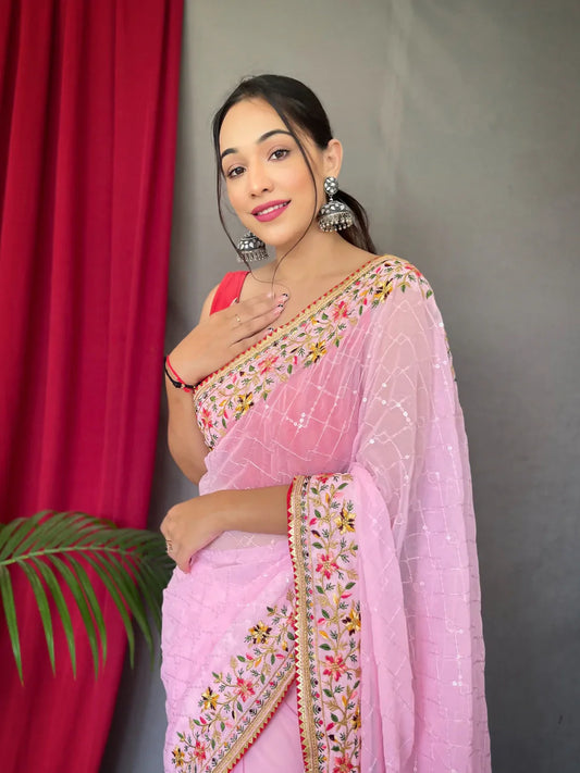 Georgette Sequins Designer Embroidered Saree Pastel Pink