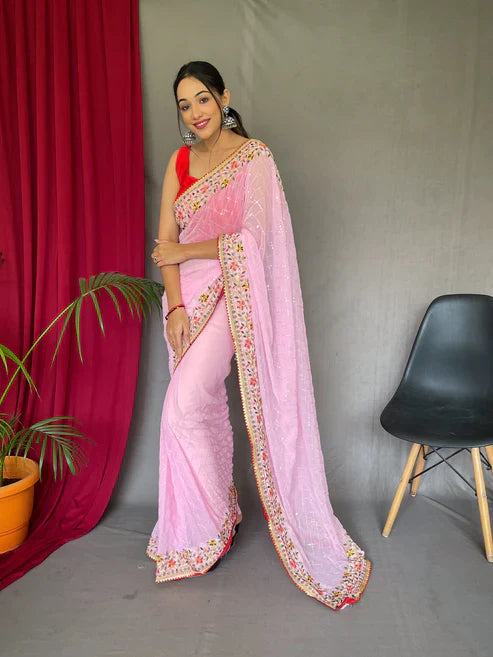 Georgette Sequins Designer Embroidered Saree Pastel Pink