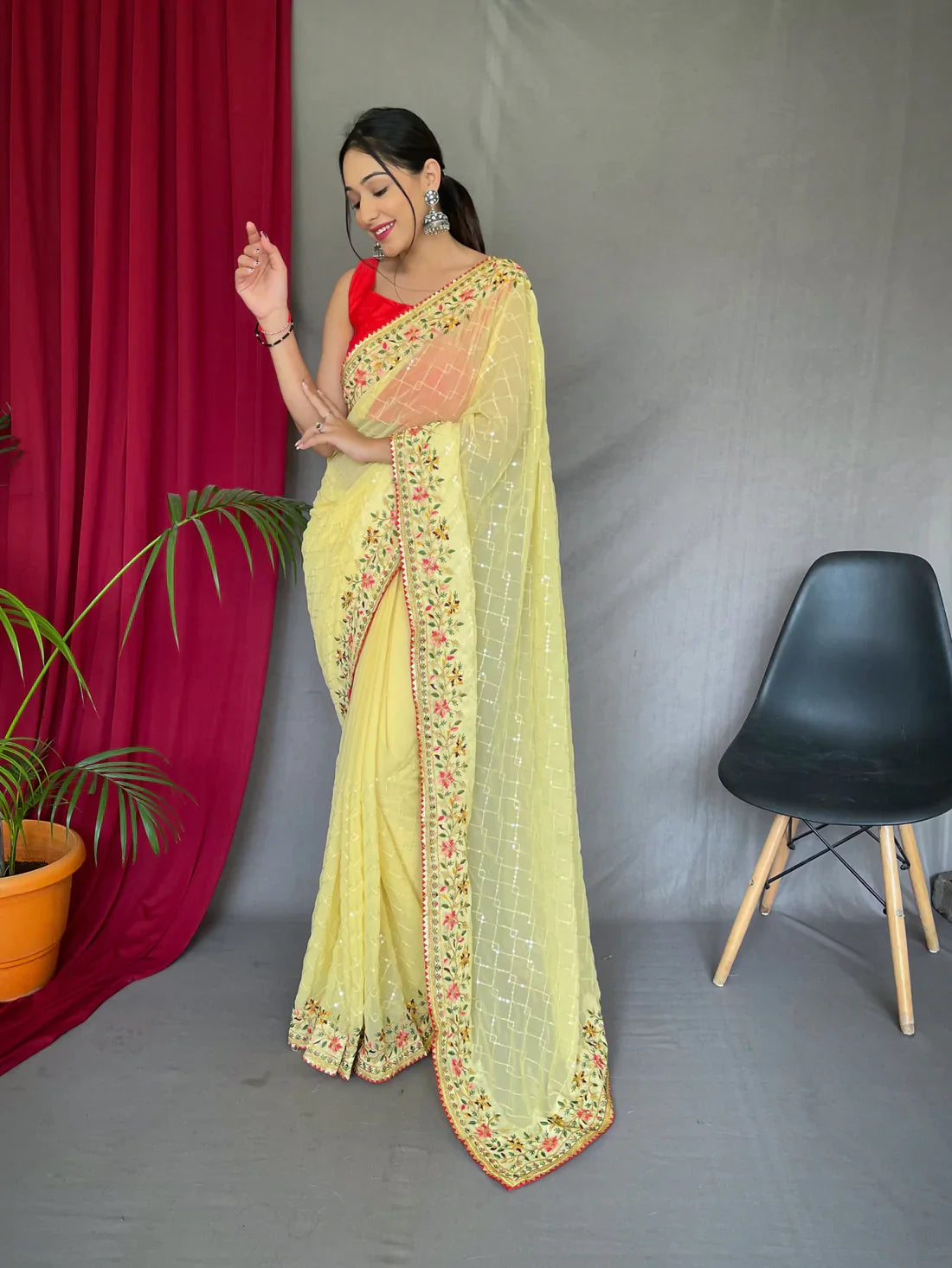 Georgette Sequins Designer Embroidered Saree Yellow