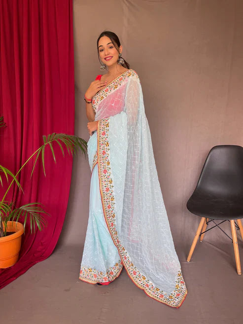 Georgette Sequins Designer Embroidered Saree Sky Blue