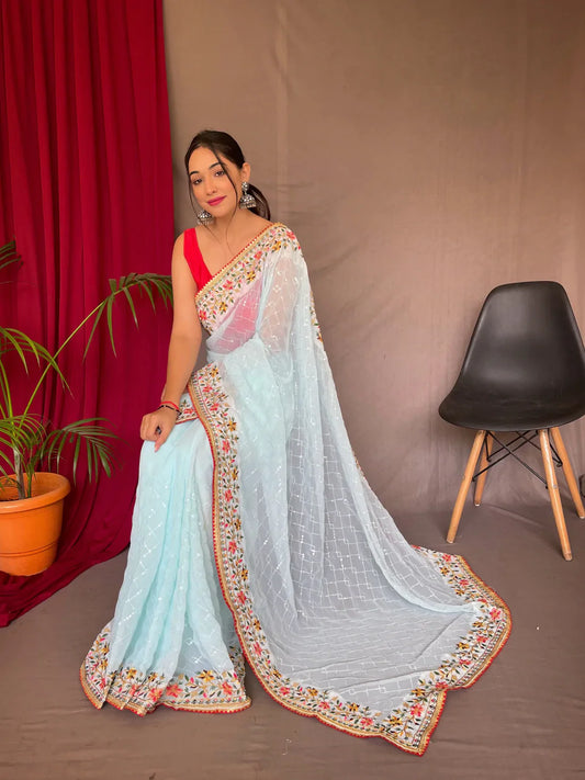 Georgette Sequins Designer Embroidered Saree Sky Blue
