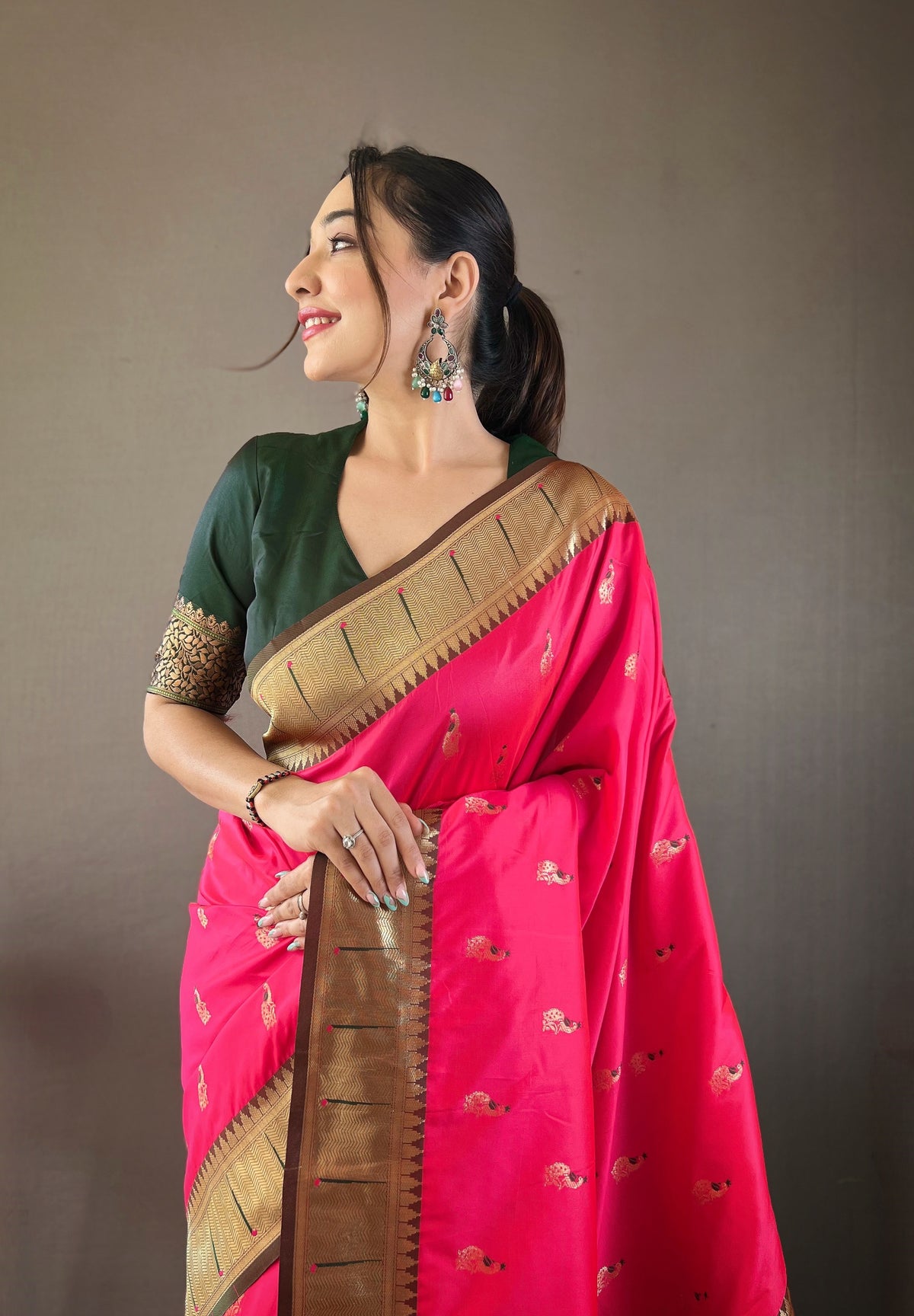Rani Pink Woven Design Silk Blend Paithani Saree With Peacock Pallu & Zari Border
