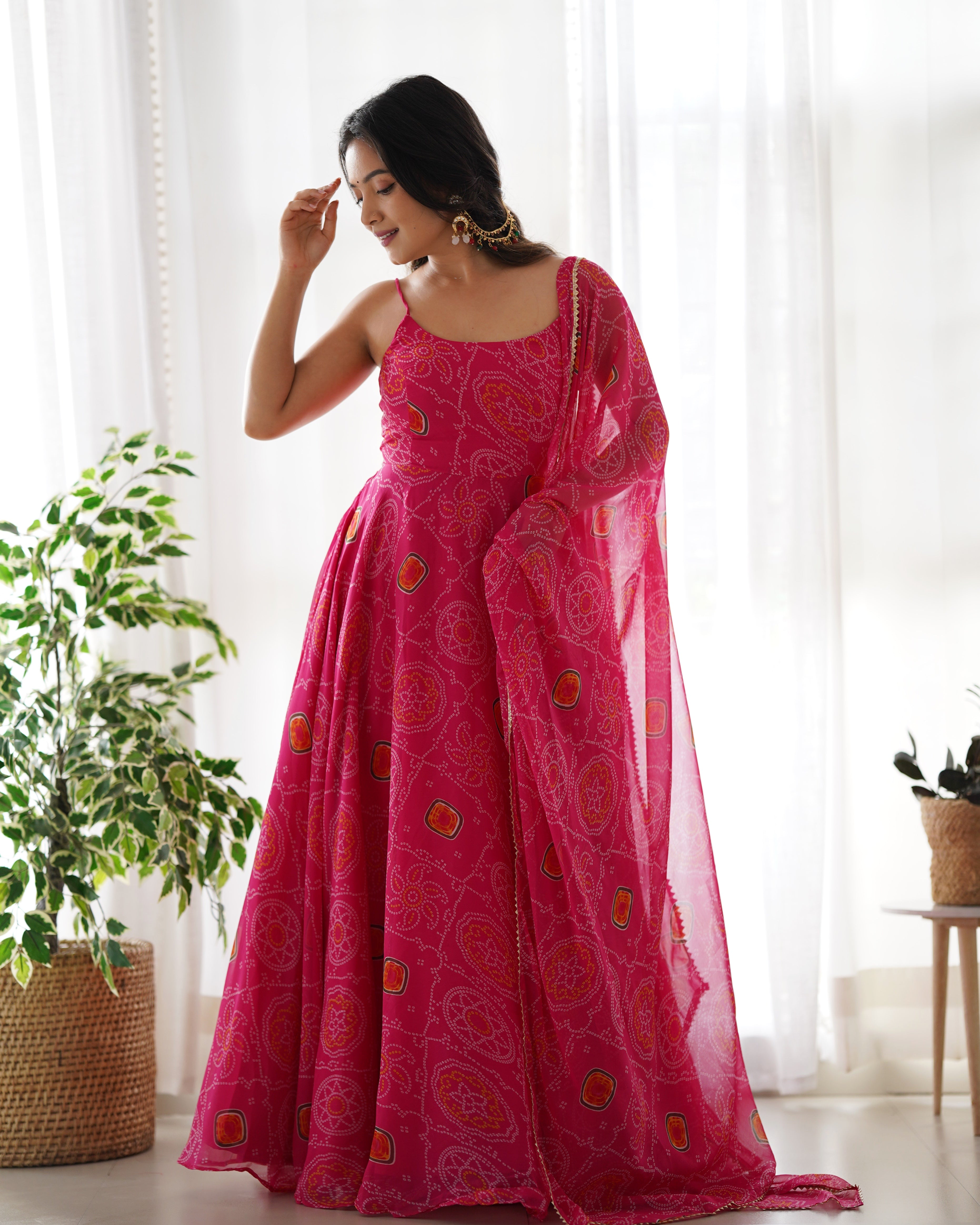 Pink Pure Soft Lightweight Chiffon Bandhej Triangle Lace Work Salwar Suit