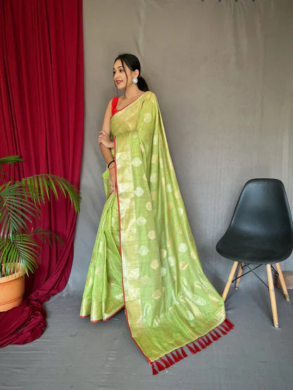 Beautiful Kanika Cotton Silk Woven Saree Olive Green