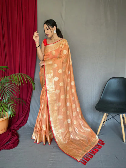 Beautiful Kanika Cotton Silk Woven Saree Peach