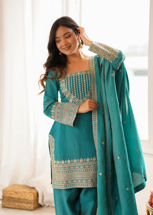 Sea green kurta with patiala salwar and embroidered dupatta
