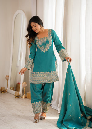 Vichitra silk kurta set sea green with gold embroidery and butti dupatta
