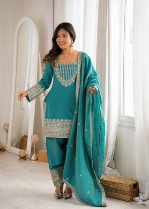 Sea green Vichitra silk kurta patiala salwar set with sequin dori and zari embroidery
