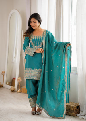 Festive sea green patiala salwar suit with sequin work for Diwali and weddings
