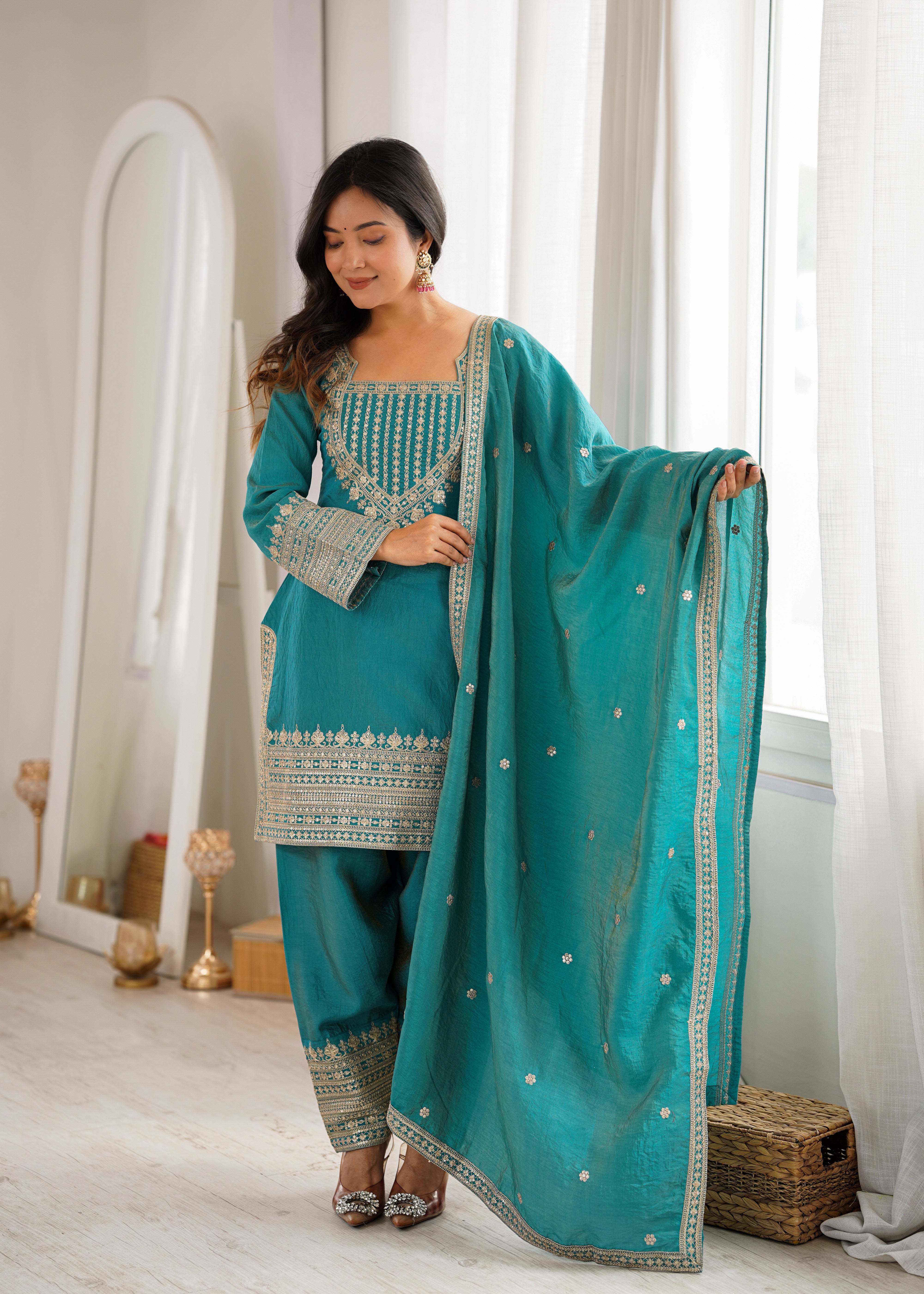 Festive sea green patiala salwar suit with sequin work for Diwali and weddings
