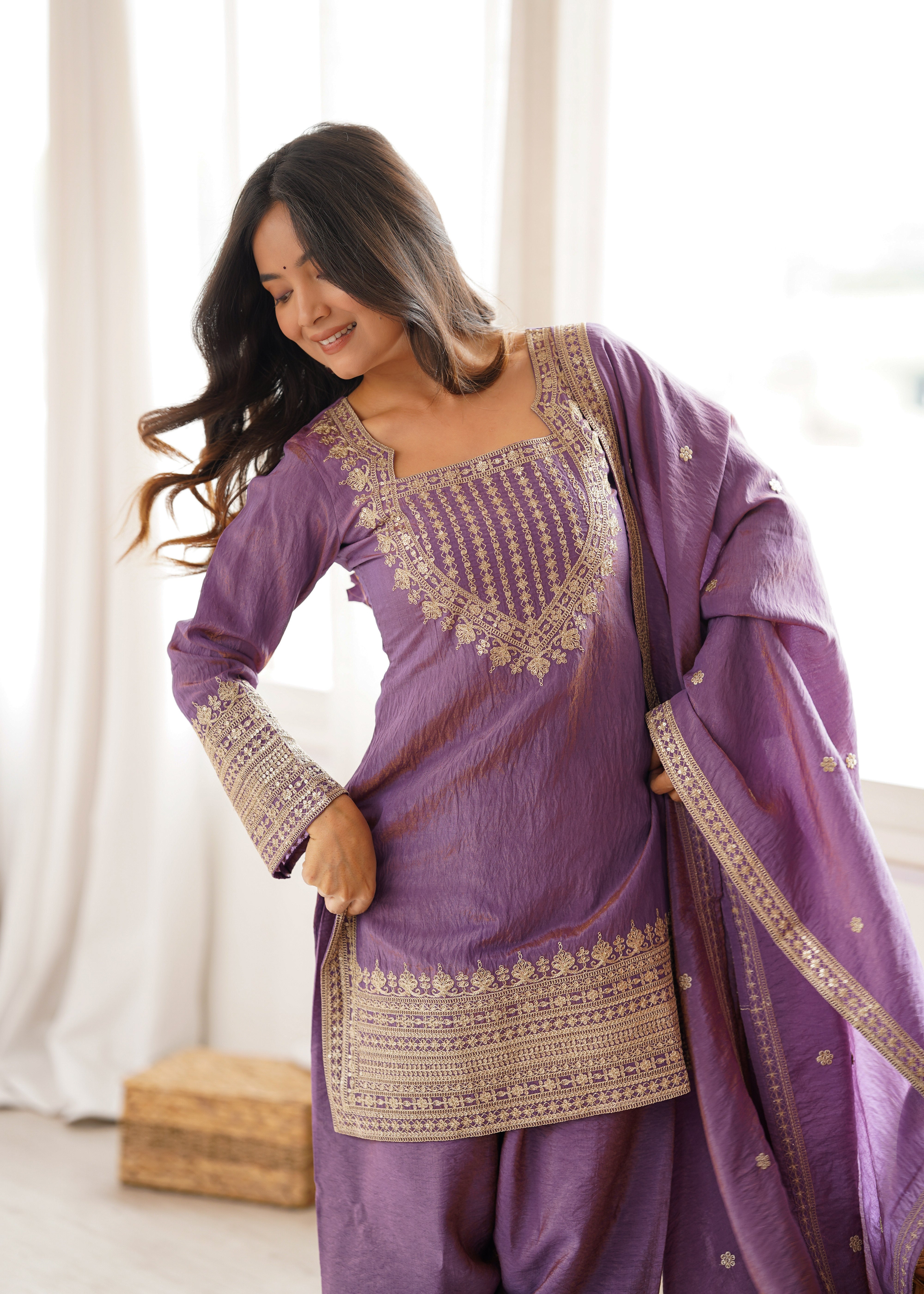 Onion pink mauve kurta with patiala salwar and embroidered dupatta
