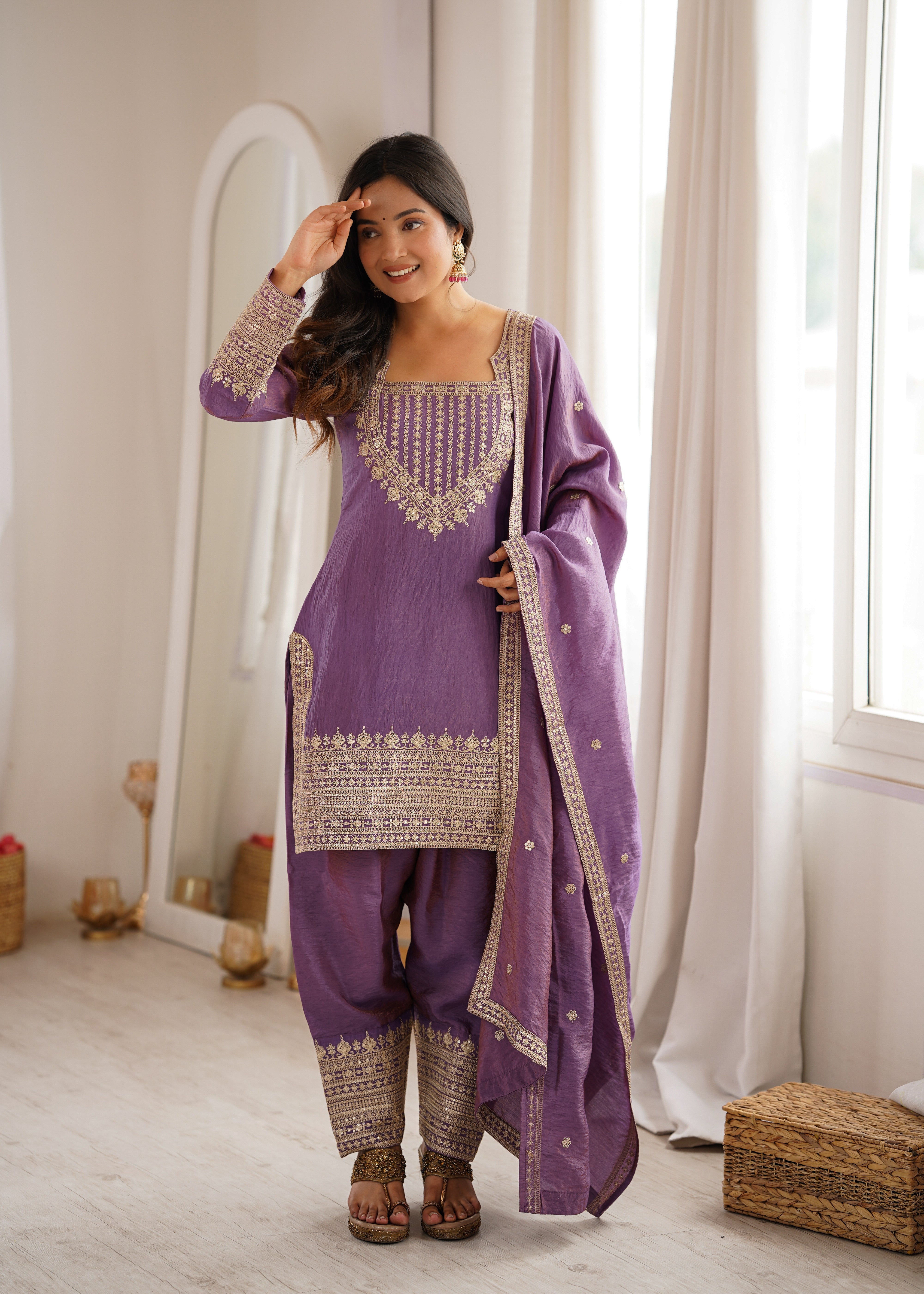 Onion pink Vichitra silk kurta patiala salwar set with sequin dori and zari embroidery
