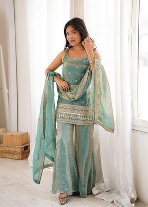 Sage green sharara set tissue silk sequins dori embroidery
