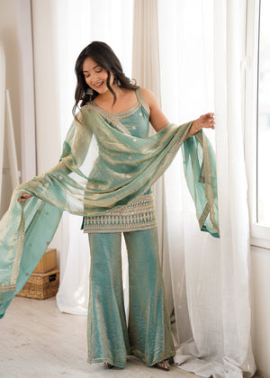 Designer sage green sharara set for Eid and mehendi
