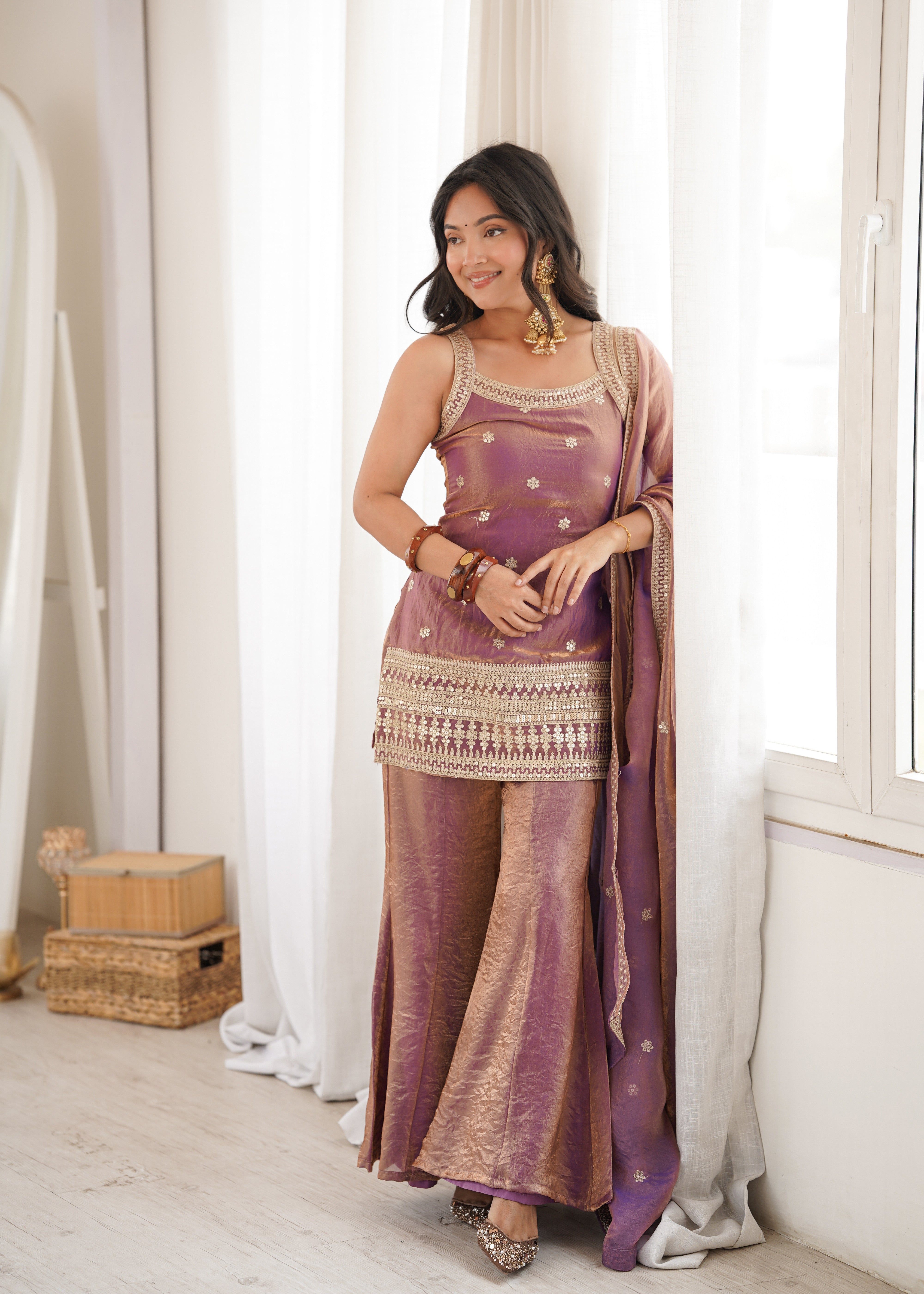 Lilac mauve sharara set tissue silk sequins dori embroidery
