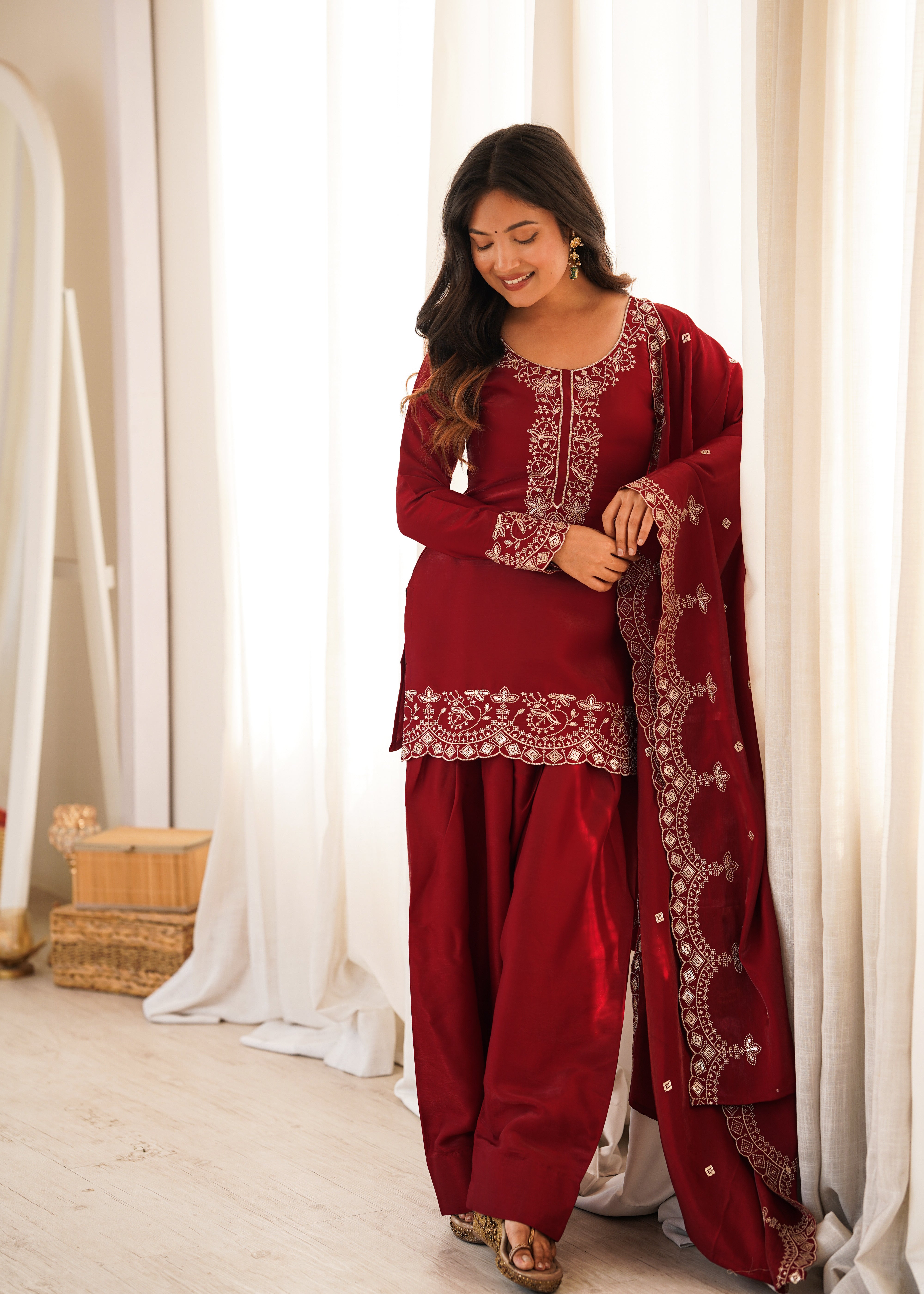 Maroon glass roman silk kurta palazzo set with sequin and zari embroidery

