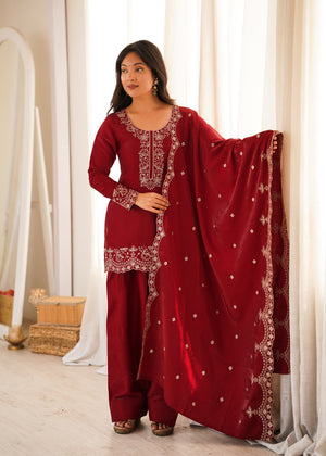Glass roman silk kurta set maroon with cream embroidery
