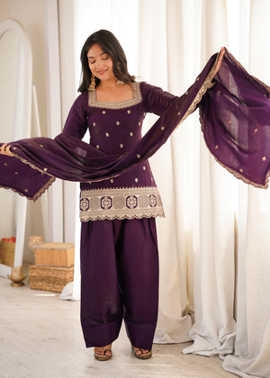 Wine glass roman silk kurta patiala salwar set with sequin dori and zari embroidery

