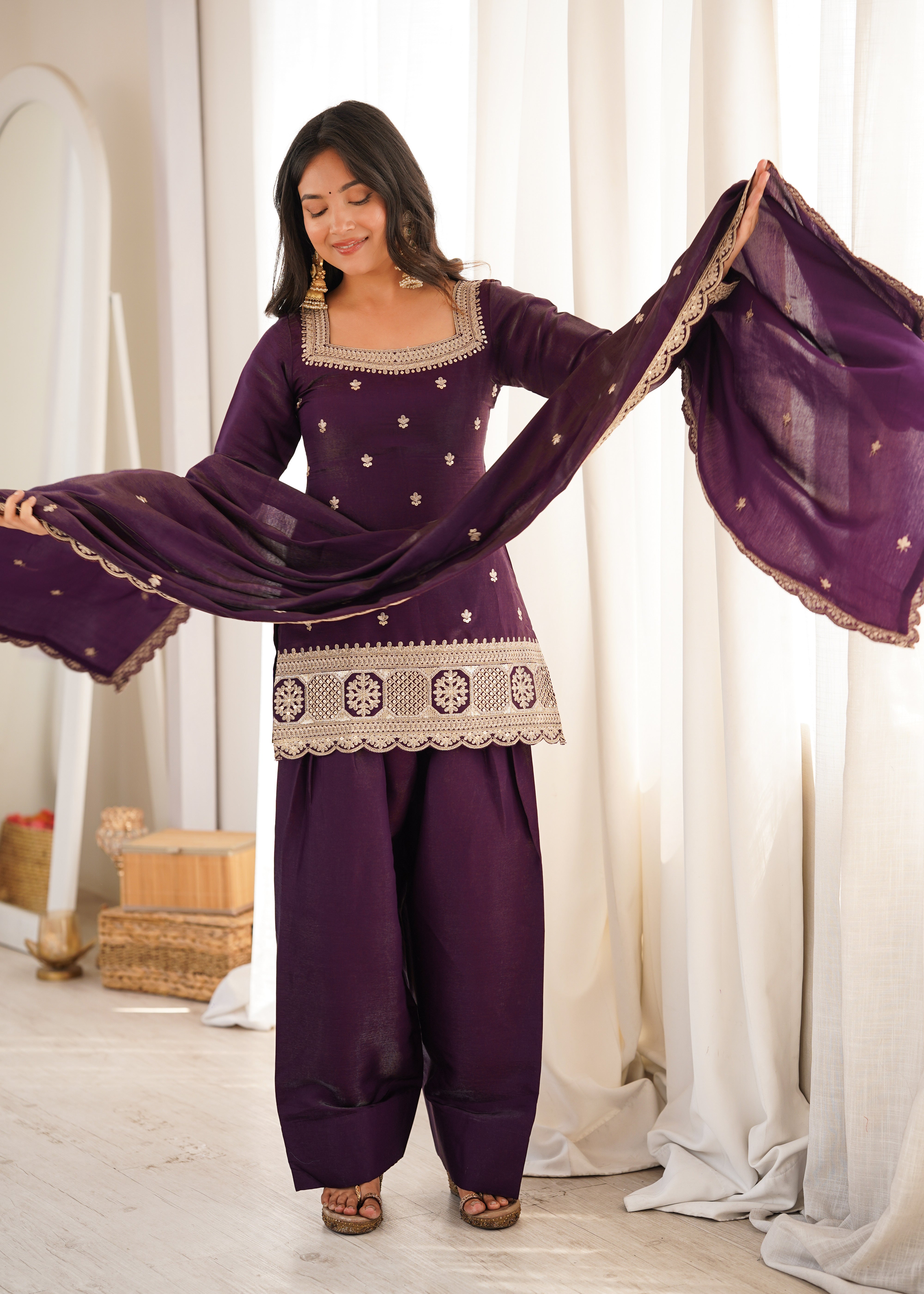 Wine glass roman silk kurta patiala salwar set with sequin dori and zari embroidery
