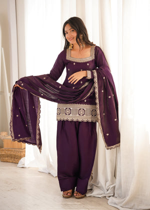 Glass roman silk kurta set wine with gold embroidery and butti dupatta
