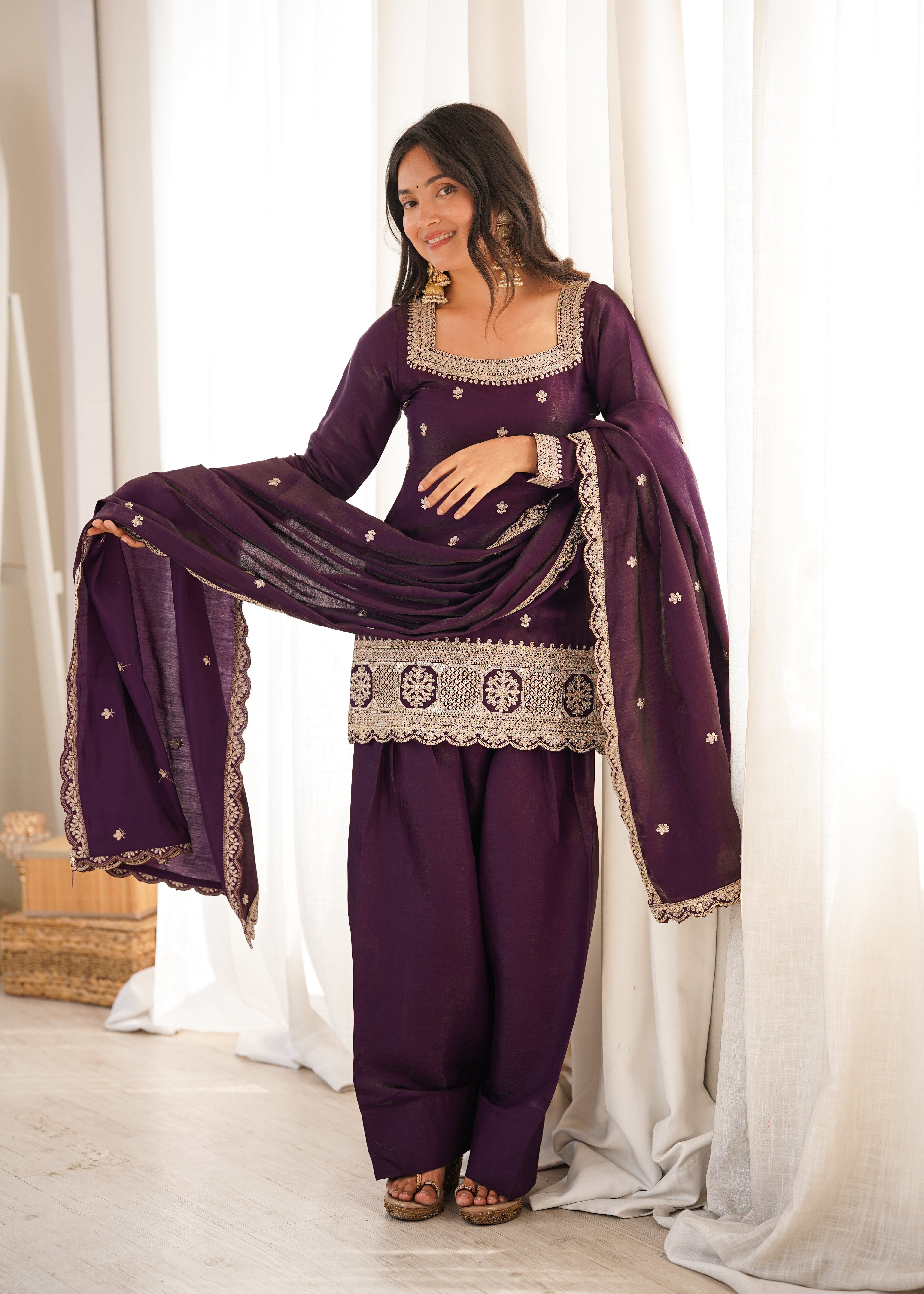 Glass roman silk kurta set wine with gold embroidery and butti dupatta
