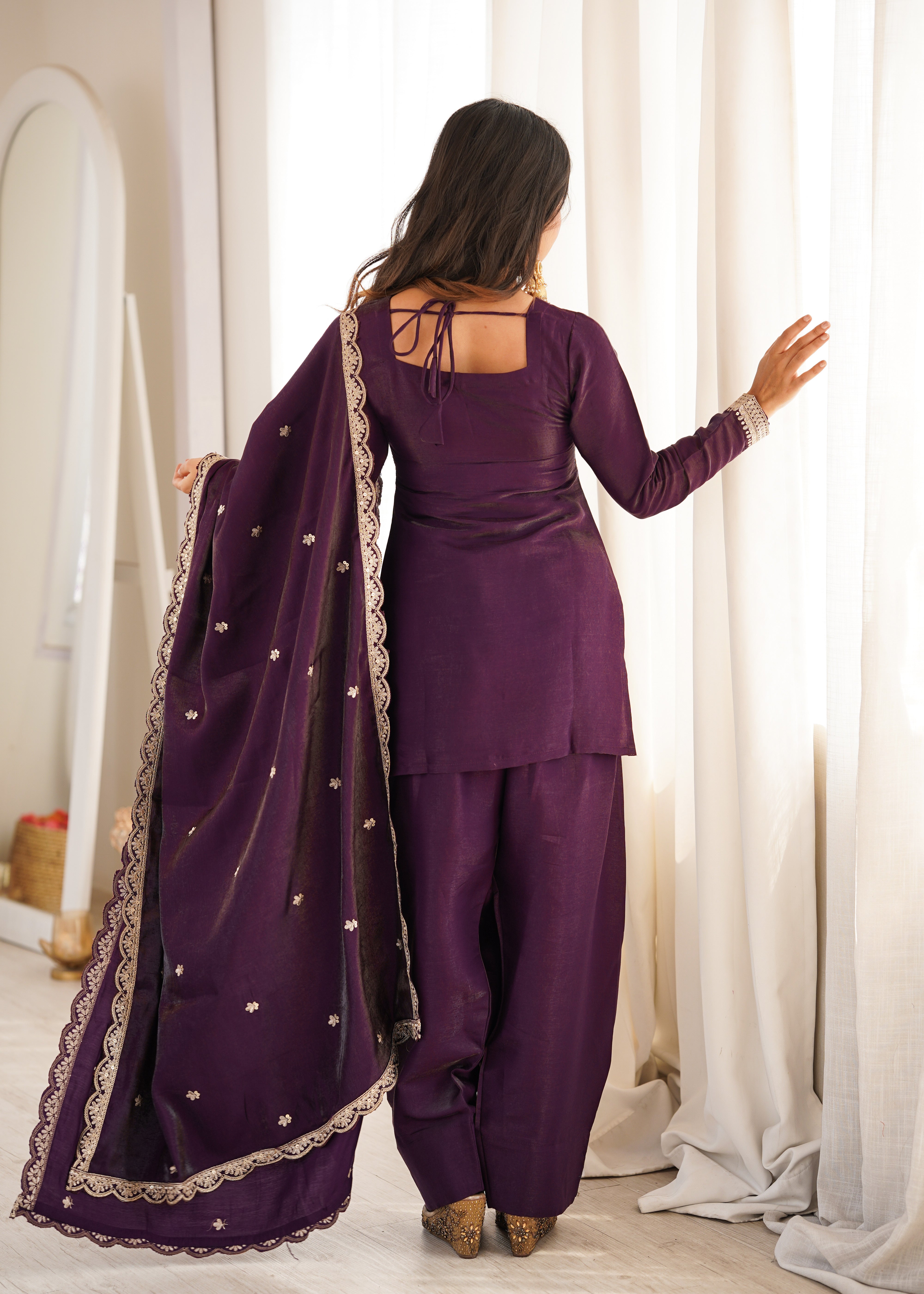 Designer wine glass roman silk suit with scalloped embellished hem
