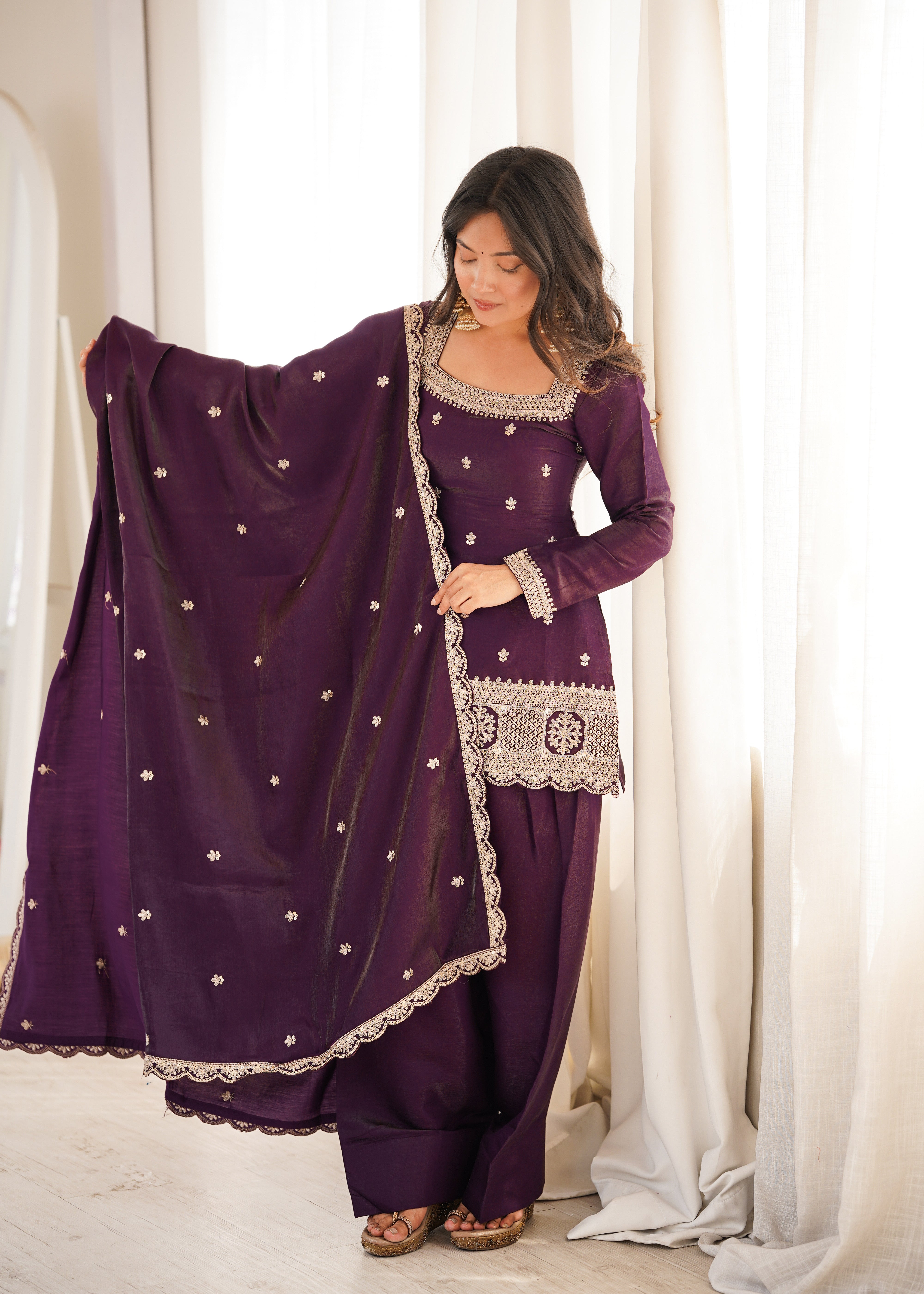 Festive wine patiala salwar suit with sequin work for Diwali and Karva Chauth
