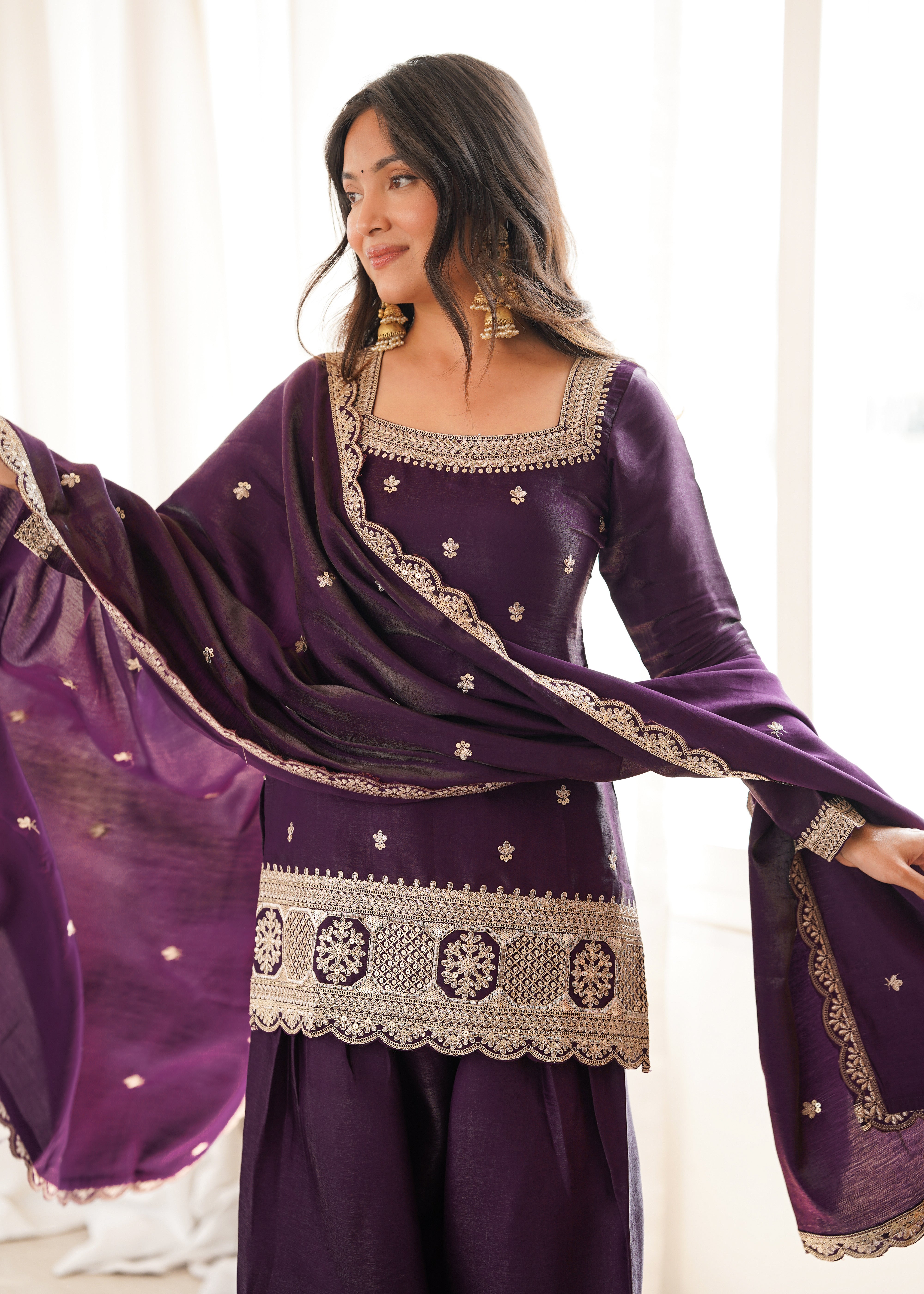 Deep wine kurta with patiala salwar and embroidered dupatta
