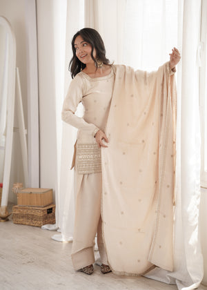 Festive cream patiala salwar suit with sequin and zari work for weddings and Eid
