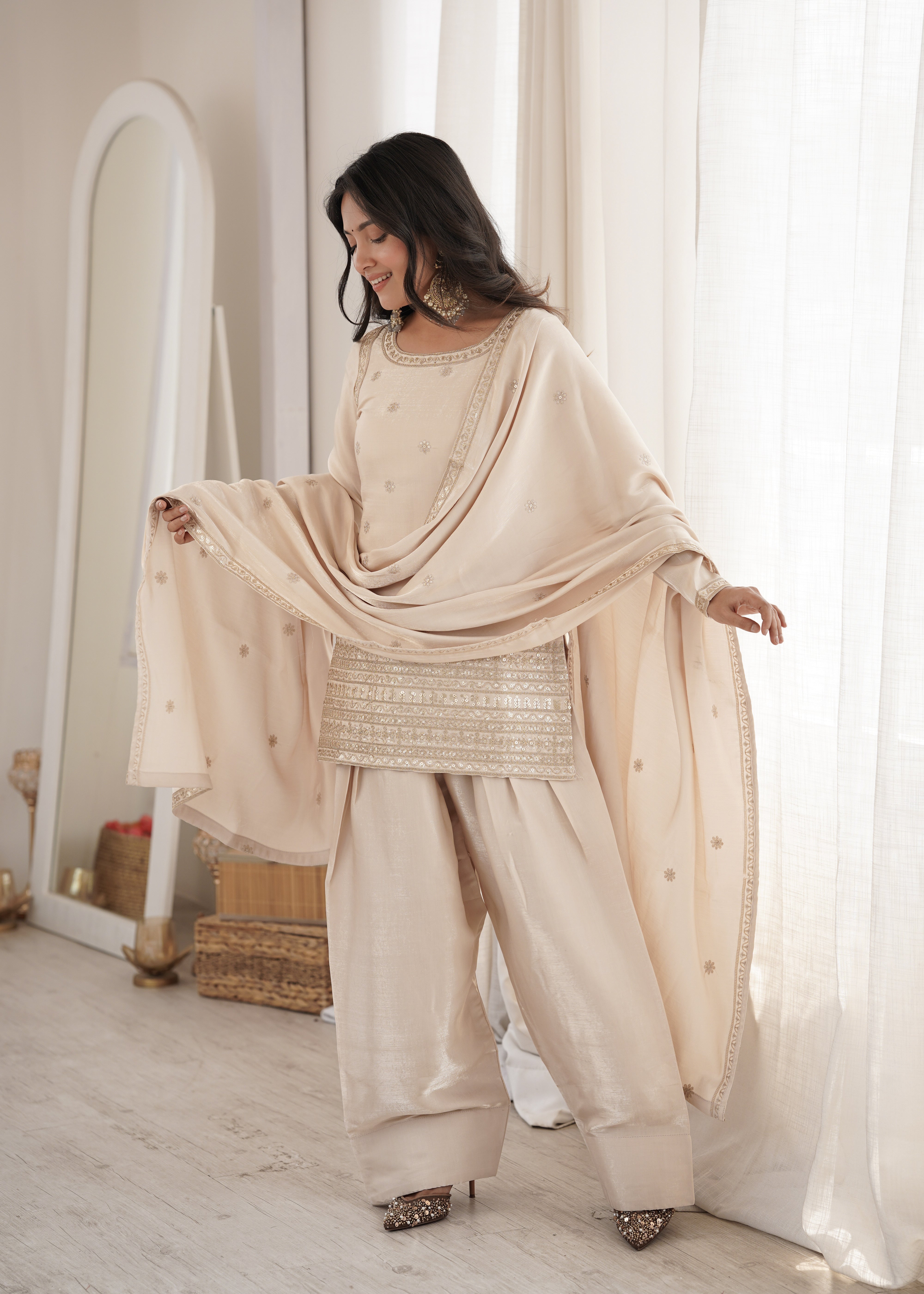 Glass roman silk kurta set cream with gold embroidery and butti dupatta
