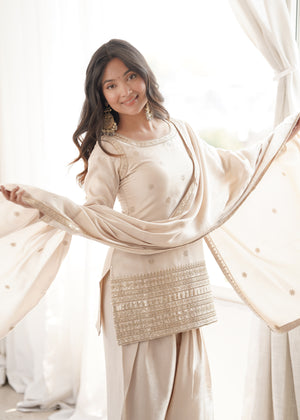 Ivory kurta with patiala salwar and floral embroidered dupatta
