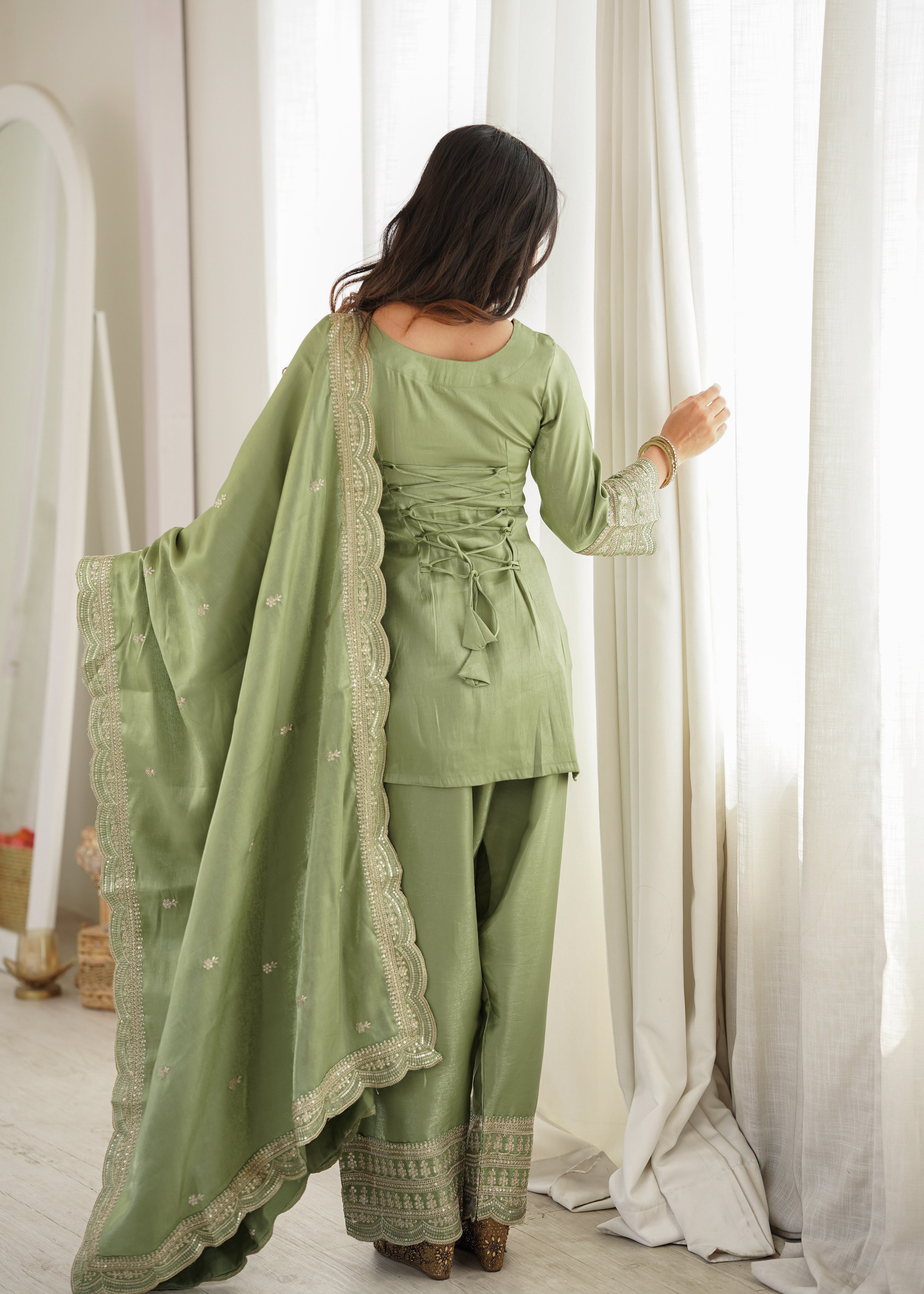 Designer sage green glass roman silk suit with scalloped embellished hem
