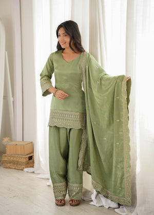 Glass roman silk kurta set sage green with gold embroidery and butti dupatta
