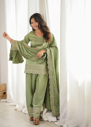 Sage green glass roman silk kurta patiala salwar set with sequin dori and zari embroidery

