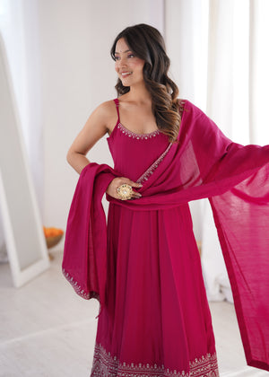 Designer rani pink roman silk flared Anarkali with pants and embroidered dupatta
