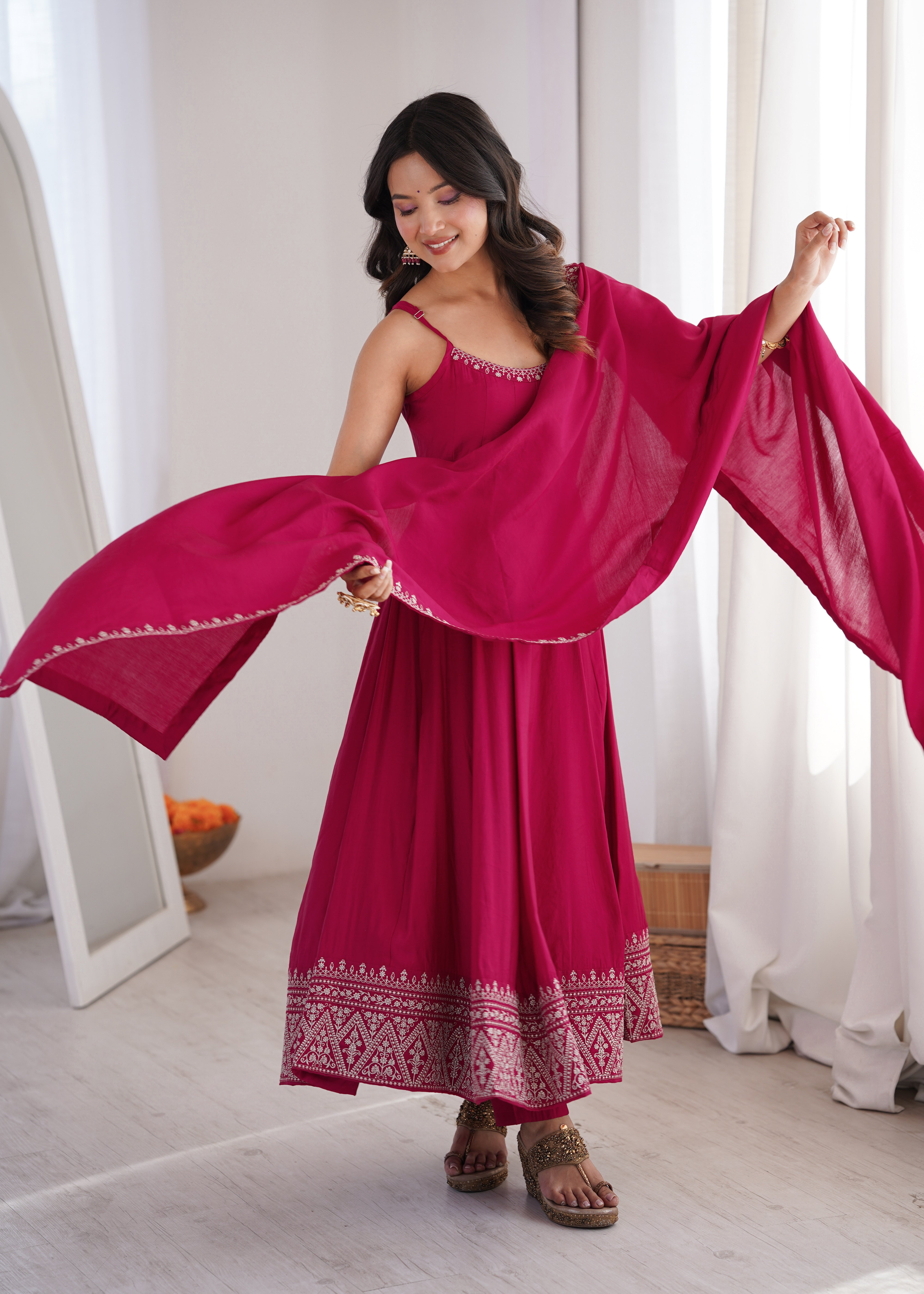 Pure roman silk Anarkali set rani pink with contrast white embroidered border
