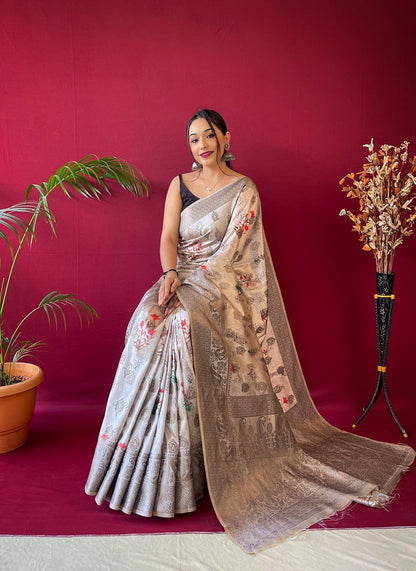 Antique White Pure Soft Silk With Copper Bamboo Zari Weaved Saree