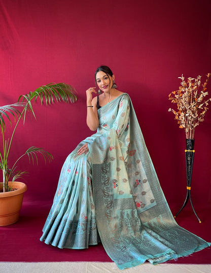 Blue Pure Soft  Silk Saree With Copper Bamboo Zari Weaved Saree.