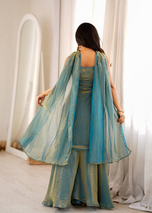 Designer teal blue fendy silk sharara suit with embroidered yoke
