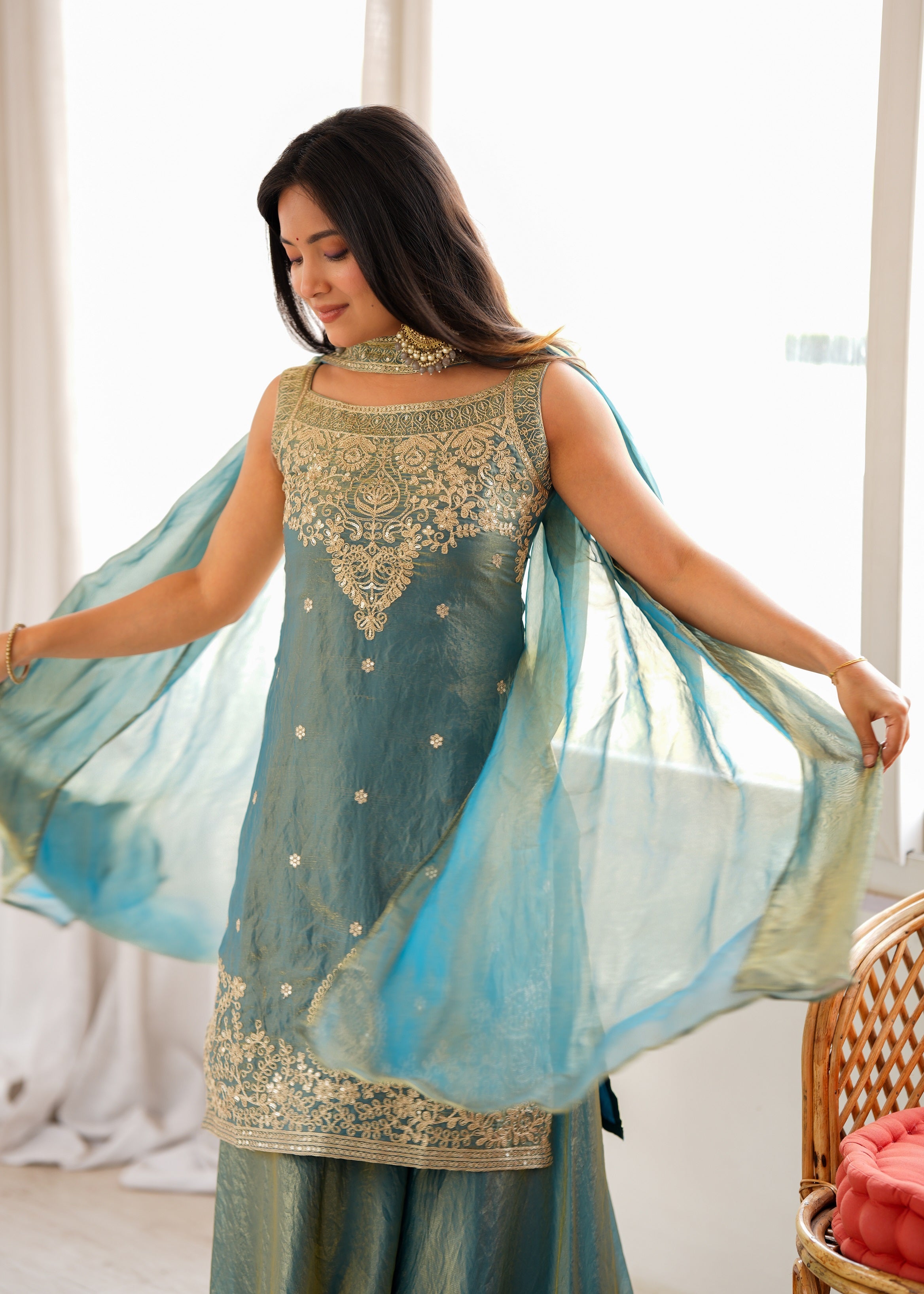 Teal and gold tissue silk kurta with sharara pants and embroidered dupatta
